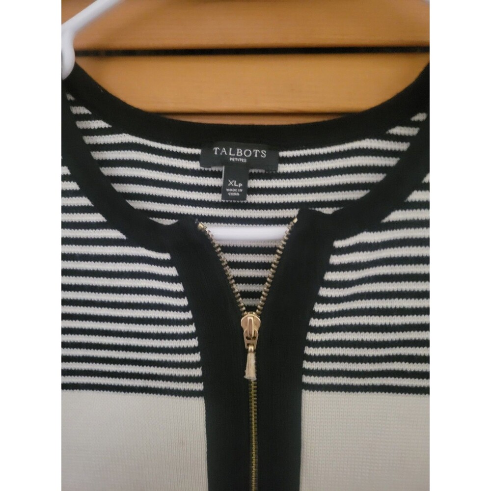 Talbots Black & White Zip Up Striped Sweater XL Petite Preppy Classic Mod Career - Picture 3 of 4